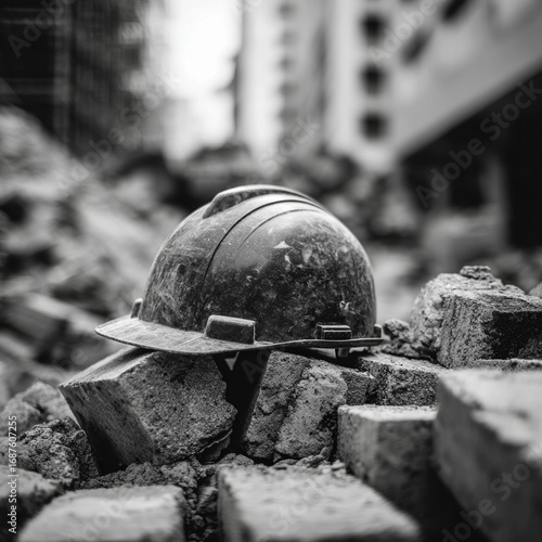 Wallpaper Mural Construction Site Helmet Amidst Debris in Black and White Photography Torontodigital.ca