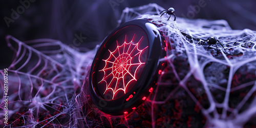 Mysterious spider web surrounds glowing device with a tiny spider perched on it