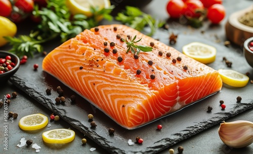 Fresh Salmon Fillet Prepared With Herbs and Spices on a Kitchen Countertop