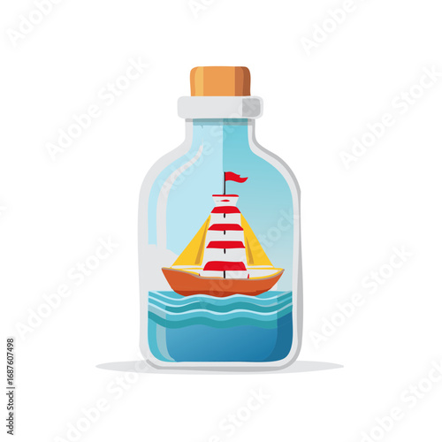 Sailing boat trapped inside a glass bottle with cork closure and wavy blue water