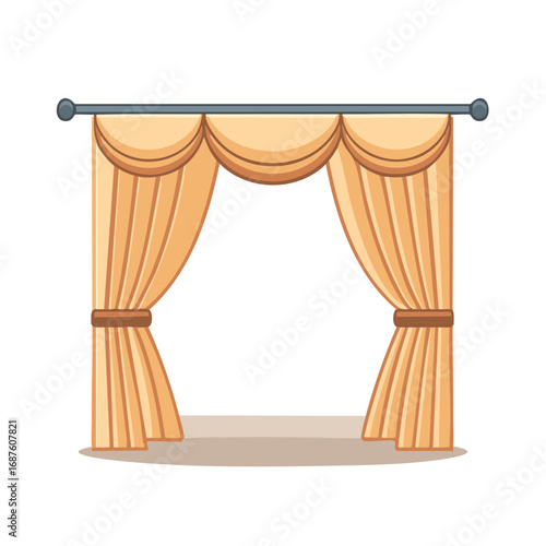 Draped window curtain with valance hanging from a rod, interior design vector illustration