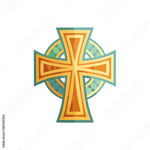 Golden Celtic cross with green nimbus, a stylized Christian religious symbol