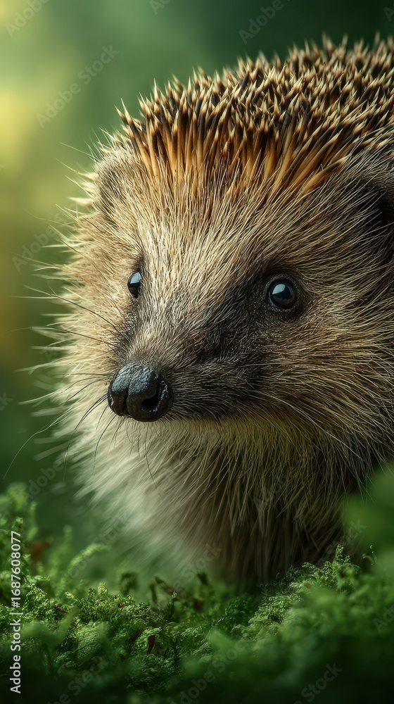 Fototapeta premium Close-up of a hedgehog in a vibrant green forest environment enjoying a sunny day