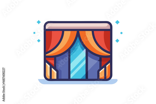 Stage curtain icon glowing with layered folds and drapes