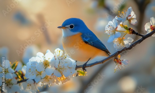 Blue Bird Perched on Blossoming Branch During Spring in a Serene Natural Setting