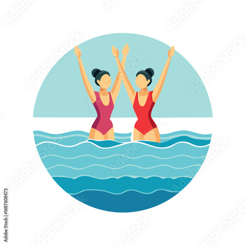 Two synchronized swimmers perform in water with raised arms illustration