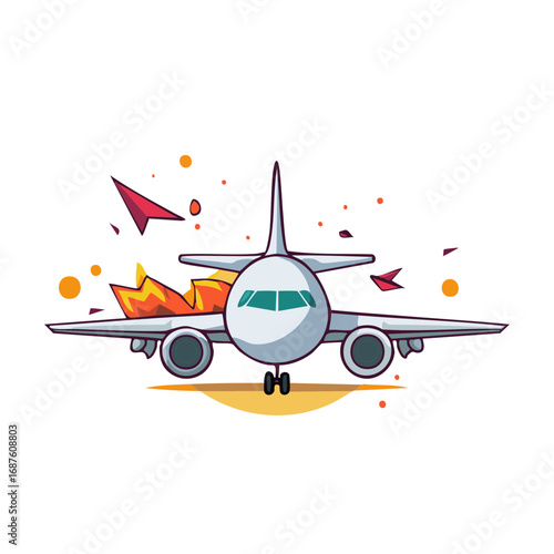 Cartoon airplane with fire, paper airplane and colorful dots