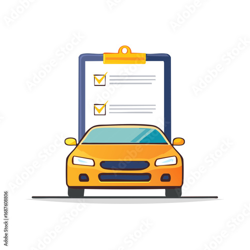 Yellow car with an approved vehicle inspection and maintenance checklist