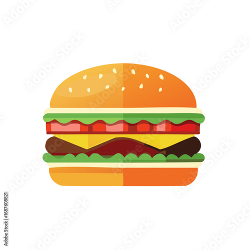 Delicious burger with various ingredients in vibrant illustration style.