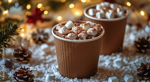 Warm Cups of Hot Cocoa With Marshmallows Surrounded by Festive Ornaments and ...