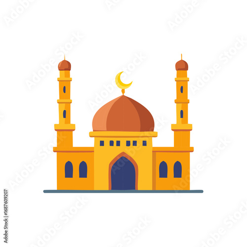 Flat design mosque with dome and minarets featuring a crescent moon icon