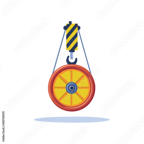 Illustration of a pulley system with a yellow wheel and black and yellow striped support.