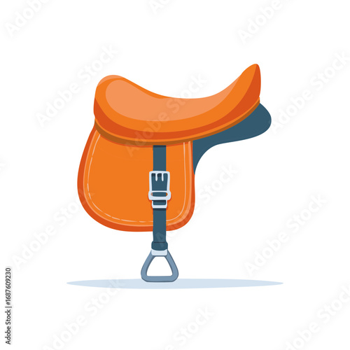 Equestrian equipment vibrant orange saddle design with dark blue accents and stirrup detail