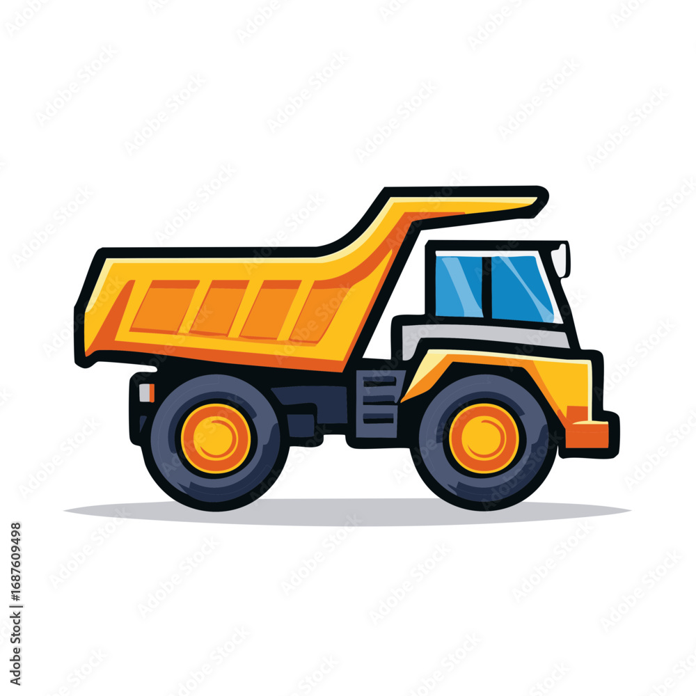 Naklejka premium Bright yellow cartoon dump truck illustration for construction, transport, and children's themes