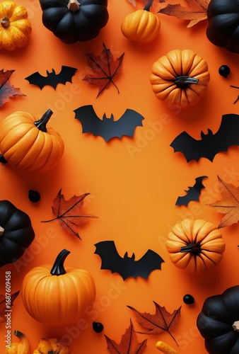 Vibrant Halloween Decorations With Pumpkins and Bats on Orange Background.