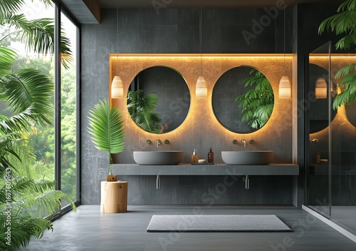 Stylish Modern Bathroom With Elegant Plants and Warm Lighting in a Serene Set...