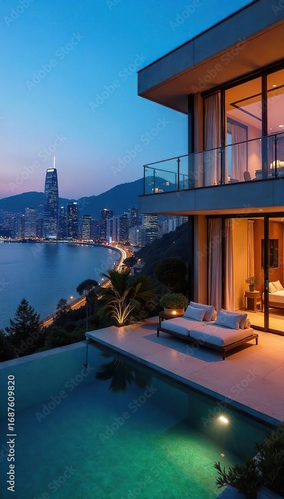 Obraz premium Luxurious cityscape holiday villa with stunning panoramic views Modern architecture, spacious interiors, and breathtaking city skyline at night , residence, skyscraper