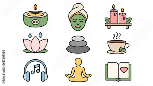 Spa and wellness relaxation icons for self care including meditation and beauty treatments for stress relief
