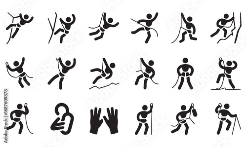 Minimal silhouette climbing illustrations of climbers in action poses with gear, mountain peaks, and rope safety elements.