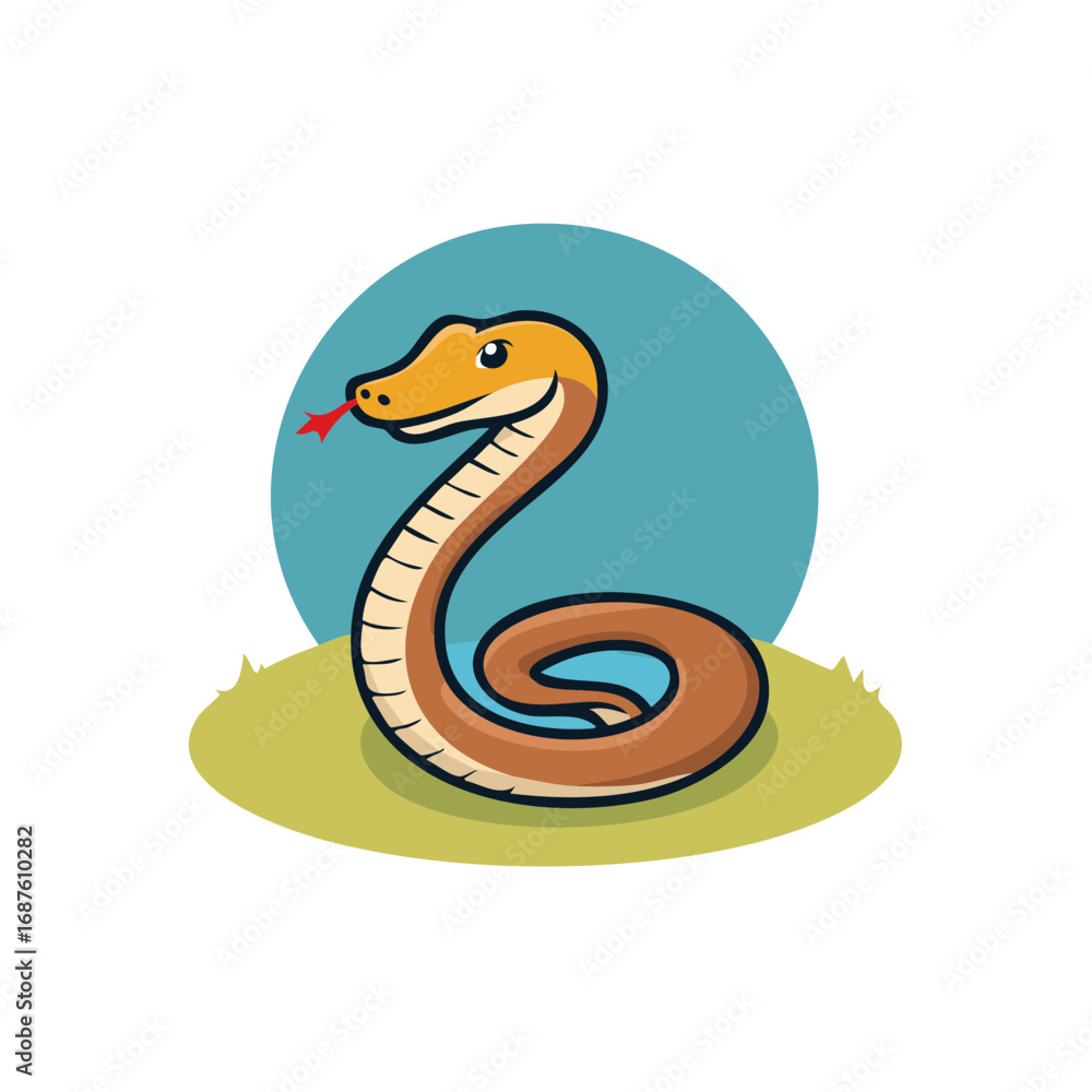 Fototapeta premium Cute cartoon snake with forked tongue coiled on grass patch illustration