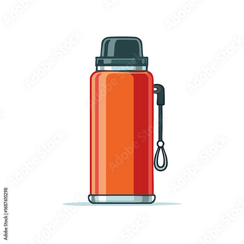 Illustration of a red insulated thermos bottle with a dark cap and carrying strap
