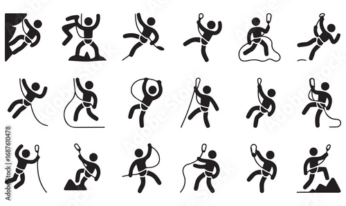 Rock climbing silhouette icons set with rope, harness, wall climbing, mountain hiking, and outdoor extreme adventure symbols