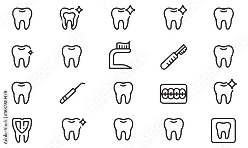 Dentistry doodle collection in minimal line art style with tooth, braces, cavity, whitening, implant, and health care design.