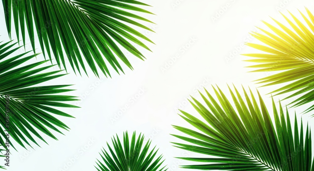 Obraz premium Lush Green Palm Fronds Against Bright White Sky, Tropical Summer Vibes.