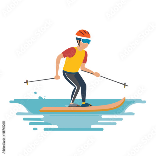 Energetic Water Skier Gliding on Blue Lake with Skis Poles Helmet and Sportswear Summer Watersport Action