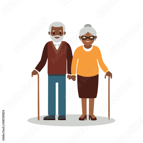 Elderly African American couple vector illustration with walking canes and stylish outfits, flat design. Senior husband and wife.