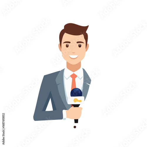 Happy Male Journalist Character Holding Microphone Presenting Global News Broadcast