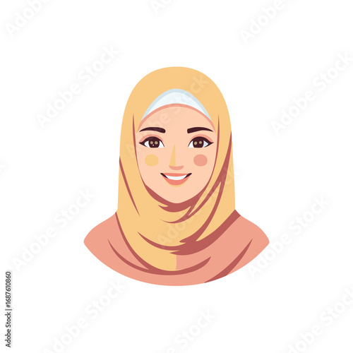 Smiling young woman wearing a yellow and pink hijab with expressive eyes and rosy cheeks