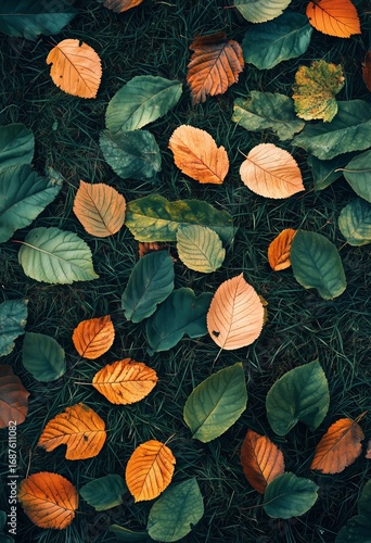 Colorful Autumn Leaves Scattered on Green Grass During a Sunny Afternoon