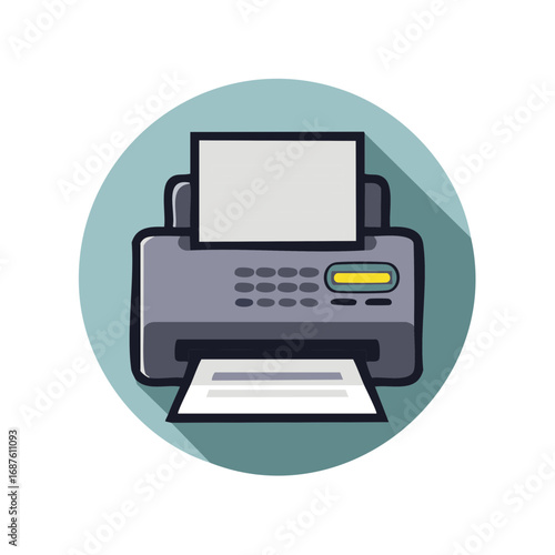 Cartoon Style Inkjet Printer Illustration for Home Office or Business Use, Paper Output on Turquoise Circle