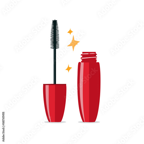 Vibrant red mascara tube and applicator brush with sparkling stars beauty illustration