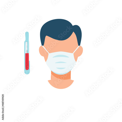 Person wearing face mask with thermometer showing elevated temperature and fever