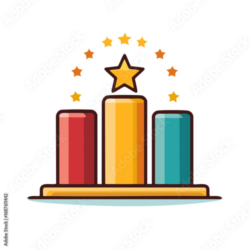 Bright colorful winner podium with a prominent gold star symbolizing top achievement and best performance