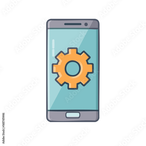 Digital mobile phone displaying an orange gear icon representing system settings or configuration