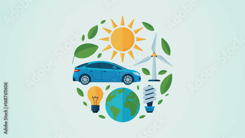 Sustainable energy and environmentally friendly lifestyle showcasing electric car wind turbine solar panel and energy efficient lightbulbs for green future