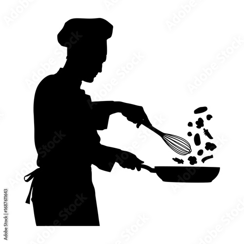 chef cooking and tossing ingredients in pan silhouette vector