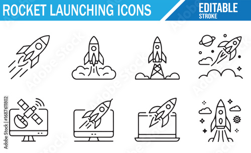 Rocket and Spacecraft Launch Icons for Astronautics and Exploration