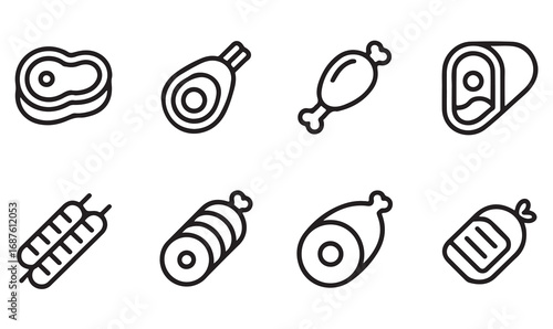 Food industry outline symbol set of sausages, steaks, chicken drumsticks, ribs, bacon, and deli meat products.