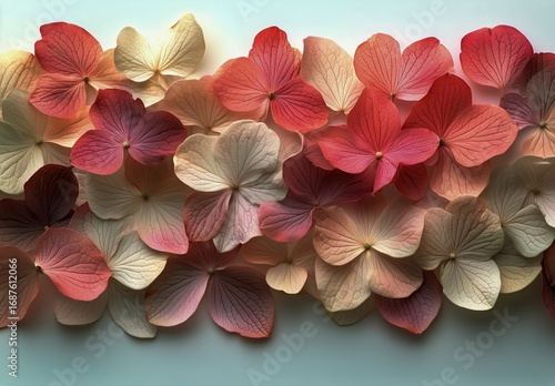Beautiful Arrangement of Colorful Hydrangea Petals on a Plain Background.