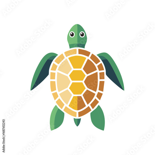 Cartoon sea turtle swimming illustration on a white backdrop with a colorful shell design and green limbs