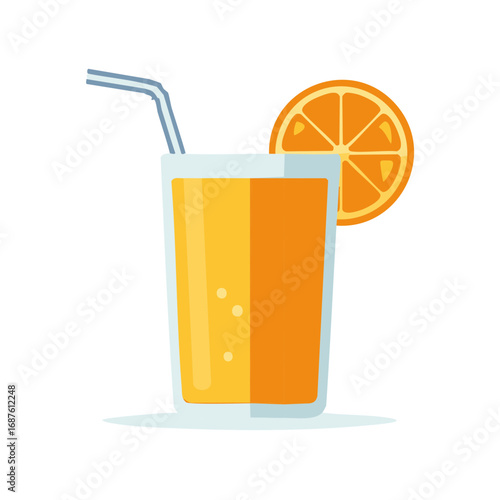 Flat vector illustration of a glass of fresh orange juice with a drinking straw and a fruit slice garnish
