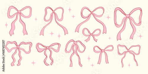 Hand drawn various pink ribbons and bows. Set of bow knots ink doodle style. Wavy squiggle curly ribbons. Perfect for poster, greeting cards, quirky holiday, wedding invitations