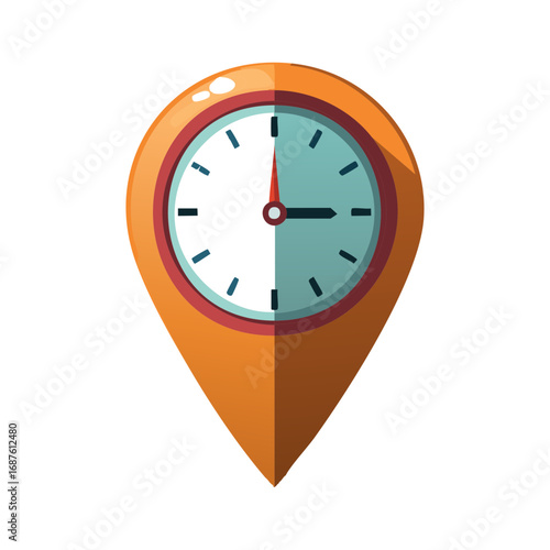 Vibrant orange map pin icon displaying a clock face for accurate time and location tracking