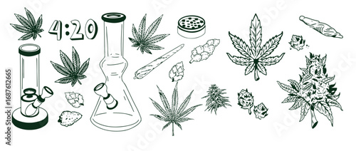 Set of hand drawn cannabis leaves, bong, smoking pipes. Design element for poster, card, banner