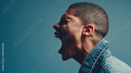 Young man wearing denim jacket shouting angrily on blue background