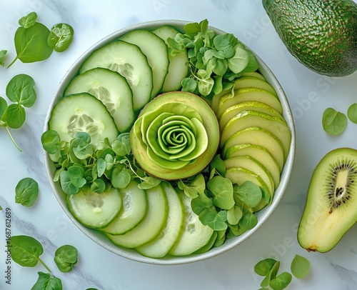 Fresh Green Salad Bowl Featuring Sliced Vegetables and Fruits for a Healthy M...
